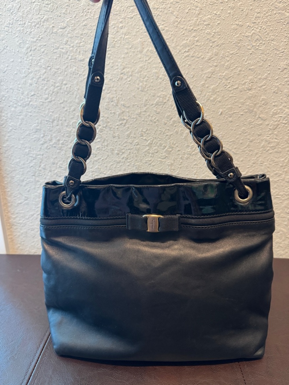 Salvatore Ferragamo Black Leather Shoulder Bag with Chain-Link Straps